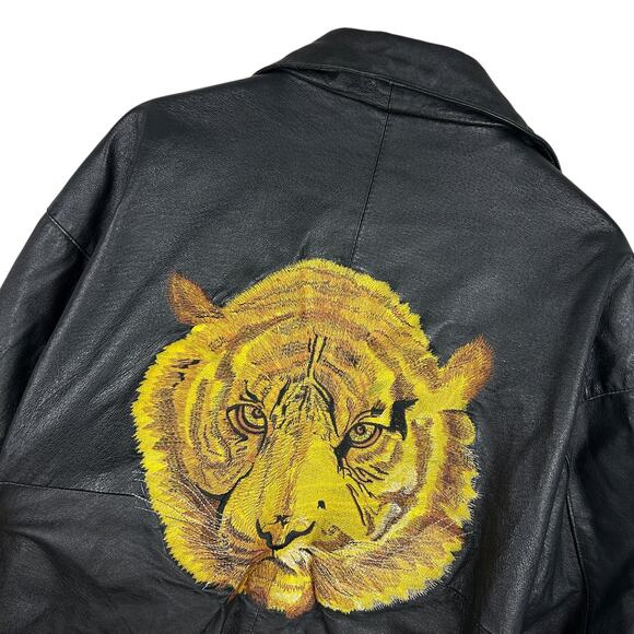 Vintage Black Leather Tiger Embroidered Collared Thrashed Leather Jacket L - Picture 2 of 5